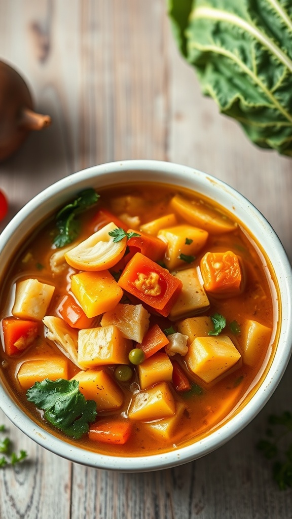 A bowl of vegetarian cabbage soup filled with colorful vegetables like carrots, potatoes, and bell peppers on a wooden table.