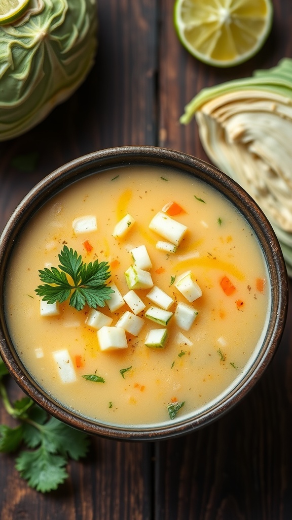 Bowl of zesty cabbage soup with diced vegetables and herbs