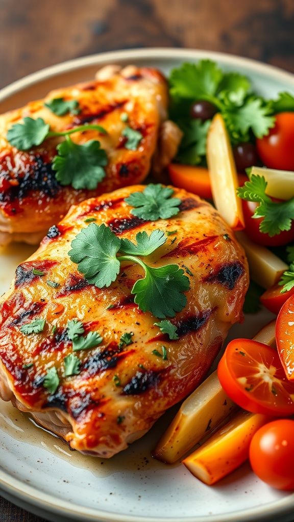 Grilled zesty cilantro chicken thighs served with colorful vegetables
