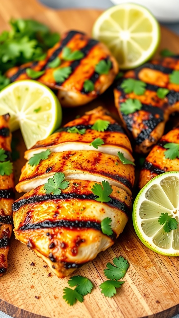 Grilled chicken with cilantro and lime on a wooden board
