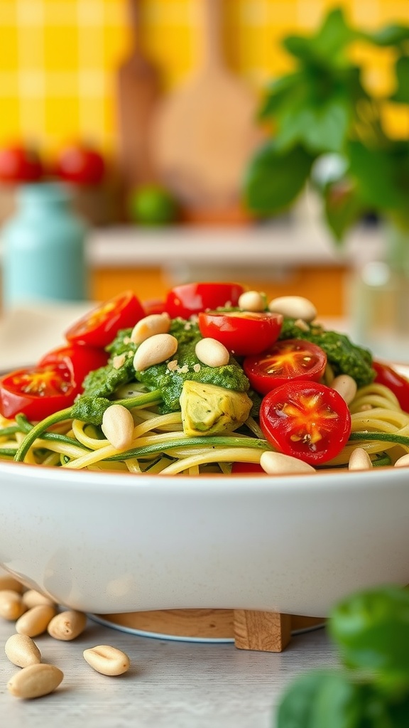A bowl of zucchini noodles topped with avocado pesto, cherry tomatoes, and nuts on a kitchen countertop