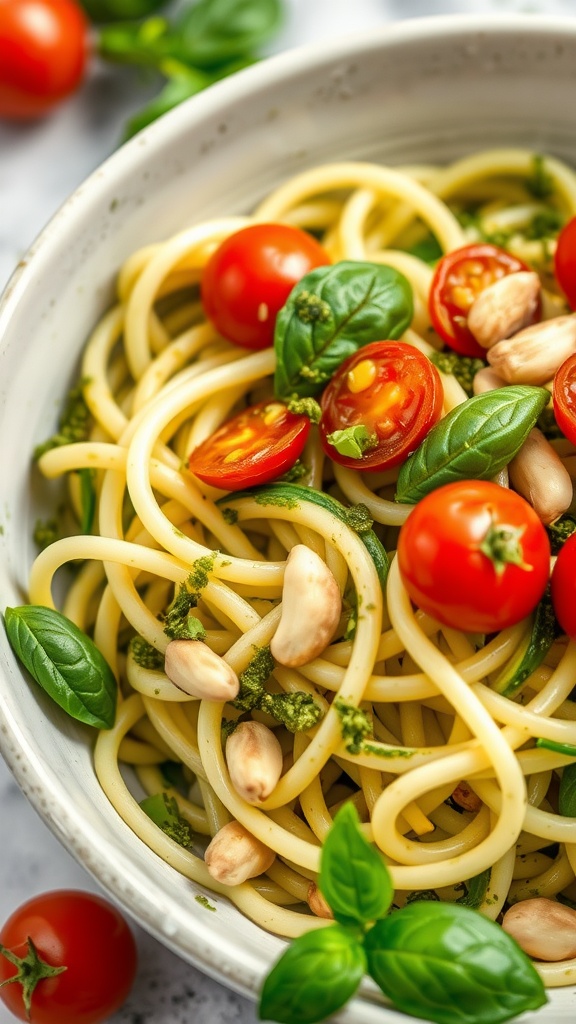 A bowl of zucchini noodles topped with pesto, cherry tomatoes, and nuts.