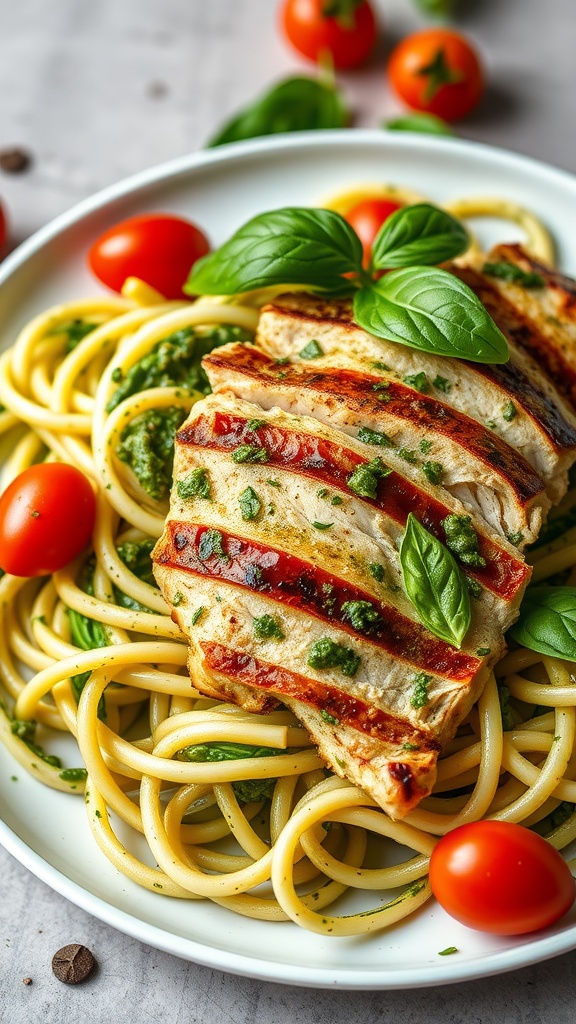 A plate of zucchini noodles topped with pesto, grilled chicken, and cherry tomatoes, garnished with fresh basil.